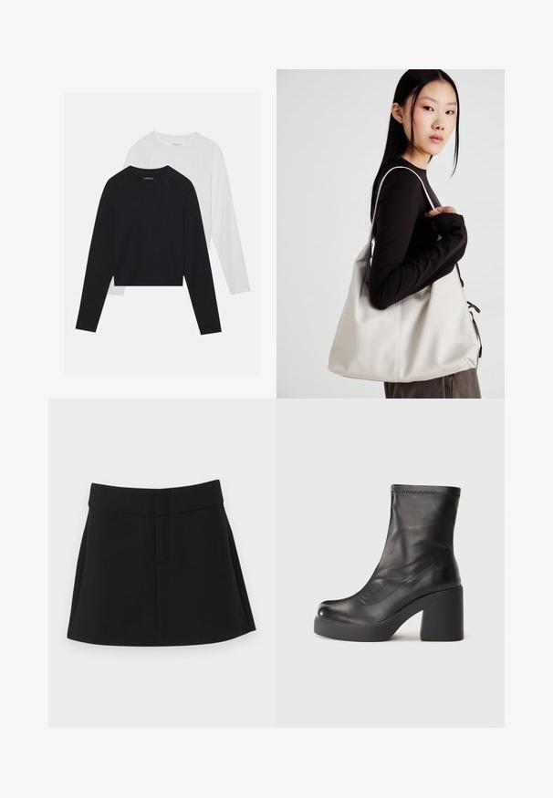 Dvoje tričiek s dlhým rukávom: jedno čierne a jedno biele. Obe majú okrúhly výstrih, raglánové rukávy a mäkkú zmes bavlny.; Čierna sukňa s priliehavým pásom, skladaným dizajnom a skrytými bočnými vreckami. Vyrobená z ľahkej látky s hladkou textúrou.; Čierna kožená čižma do polovice lýtok s masívnym blokovým opätkom a platformou na jednoduchom bielom pozadí.; Béžová kabelka vyrobená z mäkkého materiálu, s uvoľneným dizajnom, prišitými detailmi a dvoma popruhmi na nosenie na pleciach. Vhodná na každodenné nosenie.