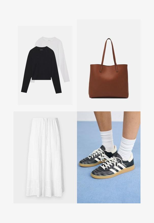 Két hosszúujjú póló: az egyik fekete, a másik fehér. Mindkettő kerek nyakú, raglán ujjal és puha pamutkeverék anyaggal készült.; Fehér, réteges maxi szoknya könnyű anyagból. Rugalmas derékrésszel rendelkezik, állítható zsinórral és finom vízszintes varrási részletekkel.; Fekete bőr sportcipők fehér csíkokkal, kerek orral, fehér fűzővel és gumírozott talppal. Párnázott bokarész és márkajelzések emelik ki.; Barna bőr vászontáska sima textúrával, nyitott tetejű dizájnnal és két vállpánttal. Minimális varrással és látható hardver nélkül készült.