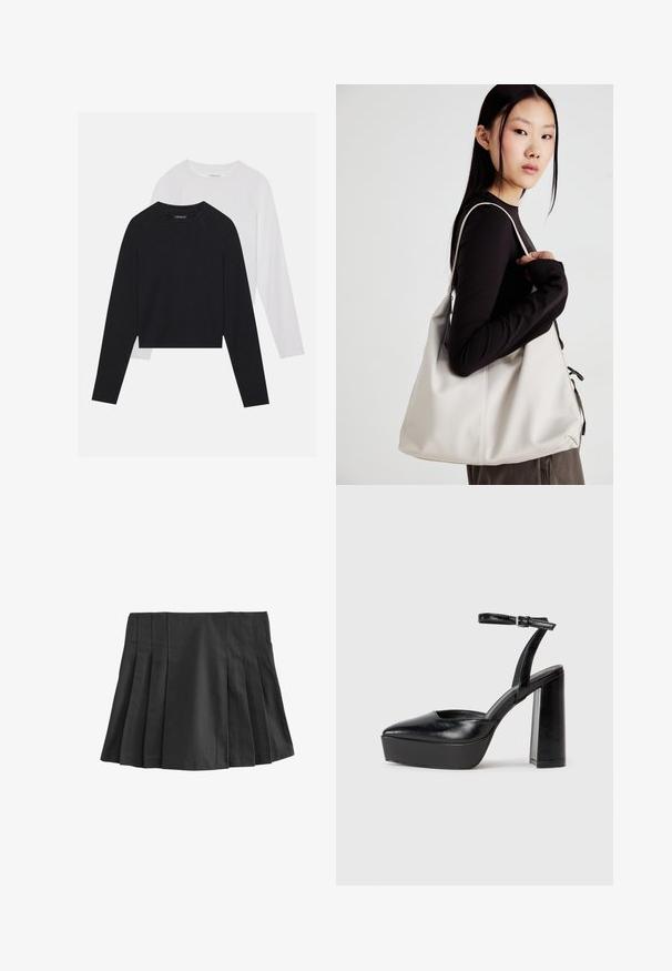 Două cămăși cu mâneci lungi: una neagră și una albă. Ambele au guler rotund, mâneci raglan și sunt realizate dintr-un amestec moale de bumbac.; Fustă mini pliată neagră cu talie elastică. Fabricată dintr-un material neted, având multiple pliuri verticale pentru textură și design.; Pantofi cu toc platformă negri, cu vârful ascuțit și curea reglabilă la gleznă. Confecționați din piele netedă, având un toc gros.; Geantă bej din material moale, cu un design lejer, detalii cusute și două bretele pentru umăr. Potrivită pentru utilizarea zilnică.