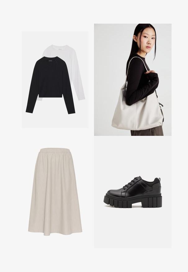 Kaksi pitkähihasta paitaa: yksi musta ja yksi valkoinen. Molemmissa on pyöreä kaula-aukko, raglan-hihat ja pehmeä puuvillasekoitekangas.; Vaaleanbeige, nilkkapituinen hame, jossa on joustava vyötärö. Varustettu pystysuorilla raitakuosisilla ja valuva, teksturoitu kangas.; Mustat nahkakengät, joissa on lättihenkinen korko, pyöreä kärki ja perinteinen nauhakiinnitys. Ominaisuuksiin kuuluu sileä pintakuvio ja minimaalinen yksityiskohtaisuus.; Beige laukku, joka on valmistettu pehmeästä materiaalista, ja siinä on rento muotoilu, ommeltu yksityiskohtia ja kaksi olkahihnaa. Sopii päivittäiseen käyttöön.