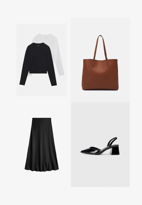 Två långärmade skjortor: en svart och en vit. Båda har rund halsringning, raglanärmar och är tillverkade av en mjuk bomullsblandning.; Svart, satin A-linjekjol med en slät textur, knälång, med en enkel, ren design utan utsmyckningar eller mönster.; Svarta lackläder slingback klackar med spetsig tå och geometrisk klack. Har en elegant, minimalistisk design och slät yta.; Brun läder tote-väska med en slät textur, öppen toppdesign och två axelremmar. Har minimal söm och ingen synlig metalldetalj.
