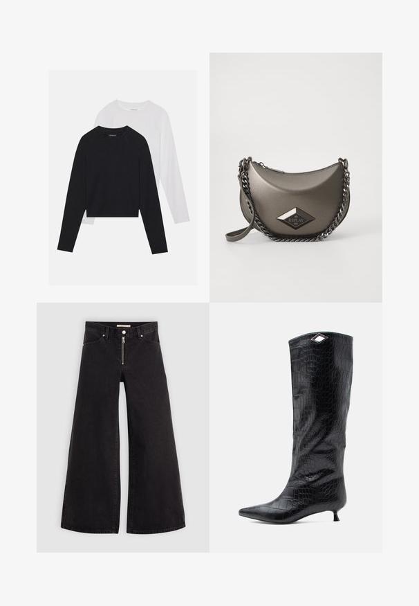 Két hosszúujjú póló: az egyik fekete, a másik fehér. Mindkettő kerek nyakú, raglán ujjal és puha pamutkeverék anyaggal készült.; Fekete denim széles szárú farmer, cipzáros elejével, öt zsebes kialakítással és diszkrét varrással. Sima textúra és laza stílus.; Fekete, magasított csizma fényes krokodilbőr megjelenésű bőrből, hegyes orral és kis cica sarkúval, a tetején szögletes ezüst díszítéssel.; Fémes szürke, félhold alakú keresztbody táska lánc pánttal és gyémánt logóval. Simára polírozott felület és cipzáras záródás.