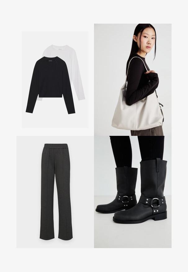 To lange ermerte skjorter: en svart og en hvit. Begge har rund hals, raglanermer og er laget av en myk bomullsblanding.; Svart rette bukser med elastisk liv, frontfolder, myk stoff, og uten synlige mønstre eller maskinvare detaljer.; ONLY SHOES ONLBAX - Cowboystøvler - black; Beige håndveske laget av mykt materiale, med en slapp design, sydd detaljer og to skulderstropper. Passer for daglig bruk.