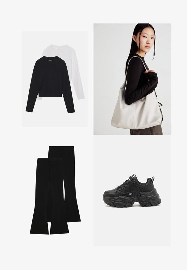 Dve dolge majice z dolgimi rokavi: ena črna in ena bela. Obe imata okroglo ovratnico, raglan rokave in mehko mešanico bombaža.; Črne razširjene hlače iz elastičnega materiala, z visokim pasom in gladko teksturo, prilegajočega dizajna, ki se razširijo od kolena naprej.; Črne športne teniske z debelim gumijastim podplatom, oblazinjenim ovratnikom in vezalkami. Narejene iz sintetičnega usnja z diskretnimi logotipnimi poudarki.; Bežna torbica iz mehkega materiala, z ohlapno zasnovo, šivi in dvema naramnicama. Primerna za vsakodnevno uporabo.