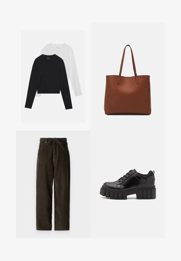 Deux chemises à manches longues : une noire et une blanche. Les deux présentent un col rond, des manches raglan et un tissu doux en mélange de coton.; Pantalon en velours côtelé vert foncé avec une jambe large, une taille à cordon, deux poches avant et un tissu doux et texturé.; Chaussures à plateforme en cuir noir avec un talon bloc épais, bout rond et un design traditionnel à lacets. Elles présentent une texture lisse et un détail minimal.; Sac fourre-tout en cuir marron avec une texture lisse, design à ouverture supérieure et deux poignées pour le porter à l'épaule. Présente des coutures minimales et aucun matériel visible.