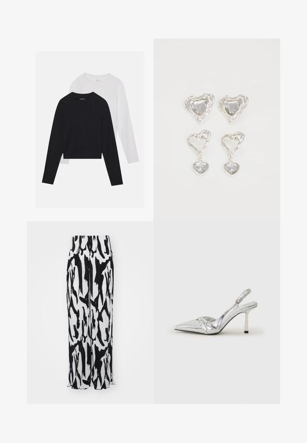 Két hosszúujjú póló: az egyik fekete, a másik fehér. Mindkettő kerek nyakú, raglán ujjal és puha pamutkeverék anyaggal készült.; Fekete-fehér, redőzött, bő szabású nadrág, absztrakt mintázattal, texturált anyagból, és diszkrét ívelt szegéllyel az alján.; Ezüst slingback magas sarkú cipő hegyes orral, fémszerű felülettel, két dekoratív pánttal és vékony sarkú, fekete végű dizájnnal.; Ez az ezüst szív alakú fülbevaló sima, átlátszó kövekkel rendelkezik, texturált kerettel. A készlet stud és csepp stílust is tartalmaz.