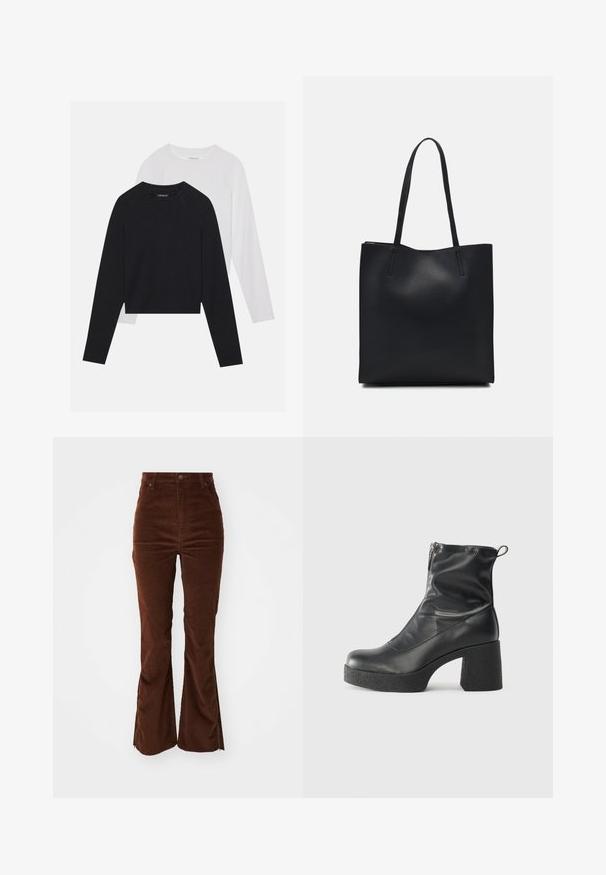 To lange langærmede skjorter: en sort og en hvid. Begge har en rund halsudskæring, raglanærmer og et blødt bomuldsblandingsstof.; Højtaljede brune fløjl-bukser med forlommer og vide ben, der har lynlåse langs de ydre sømme.; Sorte ankelstøvler lavet af glat læder, med en sidelukning, kraftig struktureret hæl og rundt tådesign.; Sort læder tote taske med glat tekstur, rektangulær form og to lange hanke. Ingen synlig hardware eller udsmykninger.