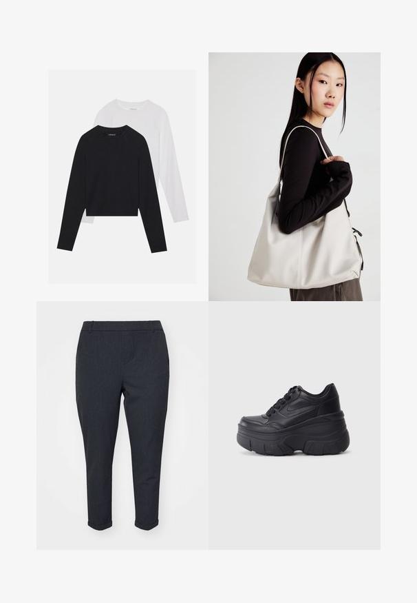 To lange ermerte skjorter: en svart og en hvit. Begge har rund hals, raglanermer og er laget av en myk bomullsblanding.; Mørkegrå bukser med en innsnevret design, som har en glatt tekstur, oppbrettede hemper og sidelommer. Klassisk, skreddersydd utseende.; Sorte snøresko med tykk såle, med et glatt læroverdel, rund tå og distinkt lagdelt plattformdesign.; Beige håndveske laget av mykt materiale, med en slapp design, sydd detaljer og to skulderstropper. Passer for daglig bruk.