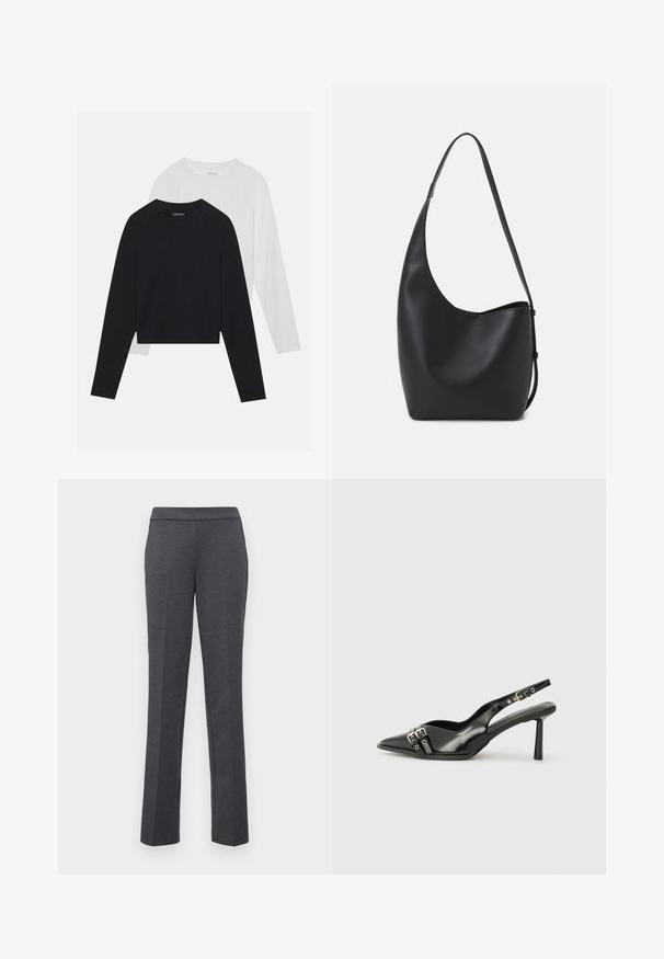 Két hosszúujjú póló: az egyik fekete, a másik fehér. Mindkettő kerek nyakú, raglán ujjal és puha pamutkeverék anyaggal készült.; Szürke nadrág egyenes szárú kialakítással, sima textúrával és széles derékkal. Oldalsó zsebekkel rendelkezik a praktikusság érdekében.; Fekete lakk bőr, hegyes orrú slingback cipő, boka pántokkal, ezüst csatokkal és hardverelemekkel, valamint karcsú sarkú.; Fekete bőr hobo táska sima textúrával, ívelt formával és egyetlen állítható pánttal; széles nyílás található a tetején.