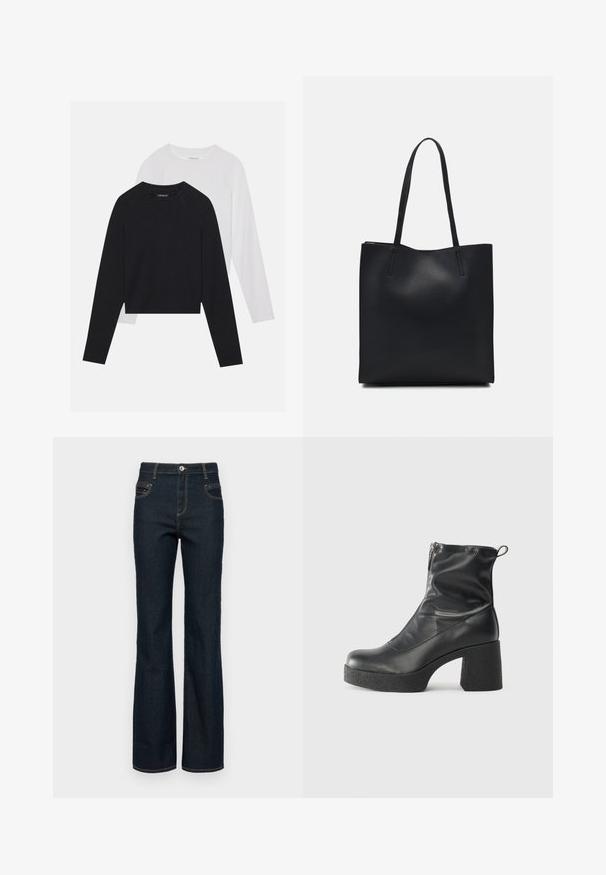 Two long-sleeved shirts: one black and one white. Both feature a crew neck, raglan sleeves, and a soft cotton blend fabric.; Dark denim flared jeans with a high waist, featuring a button front, five pockets, and contrasting yellow stitching along the seams.; Black ankle boots made of smooth leather, featuring a side zipper, chunky textured heel, and rounded toe design.; Black leather tote bag with smooth texture, rectangular shape, and two long handles. No visible hardware or embellishments.