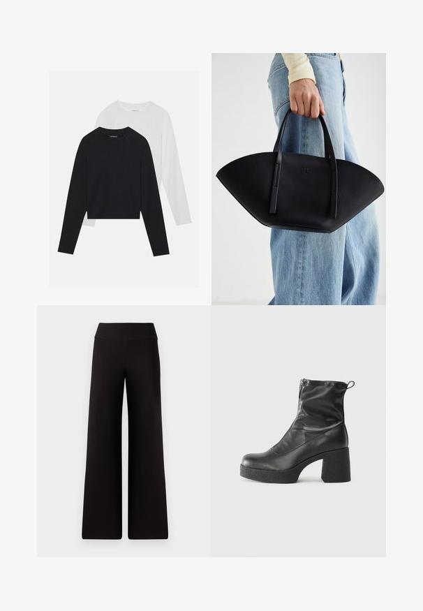 To lange langærmede skjorter: en sort og en hvid. Begge har en rund halsudskæring, raglanærmer og et blødt bomuldsblandingsstof.; Sorte brede bukser med en glat talje, lavet af et blødt materiale. Har en løs pasform og minimale syninger.; Sorte ankelstøvler lavet af glat læder, med en sidelukning, kraftig struktureret hæl og rundt tådesign.; Sort læderhåndtaske med en unik vifteform, der har flade håndtag. Overfladen har en pebblelignende tekstur og et minimalistisk design.