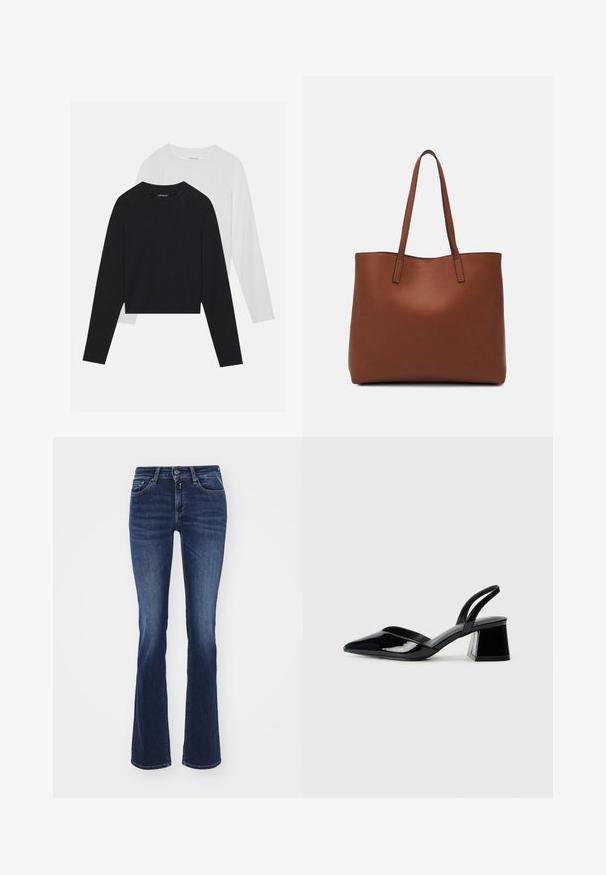 Zwei langärmelige Hemden: eines schwarz und eines weiß. Beide haben einen Rundhals, Raglanärmel und bestehen aus einem weichen Baumwollmischgewebe.; Ausgestellt geschnittene dunkelblaue Jeans aus Denim, mit einem klassischen Fünf-Taschen-Design, Reißverschluss und Knopfverschluss vorne. Glatte Textur und mittelhohe Passform.; Schwarze Lackleder-Slingback-High Heels mit spitzem Schuh und einem geometrischen Blockabsatz. Verfügt über ein schlankes, minimalistisches Design und eine glatte Textur.; Braune Leder-Tote mit glatter Textur, offenem Oberteil und zwei Schulterriemen. Verfügt über minimale Nähte und keine sichtbaren Beschläge.