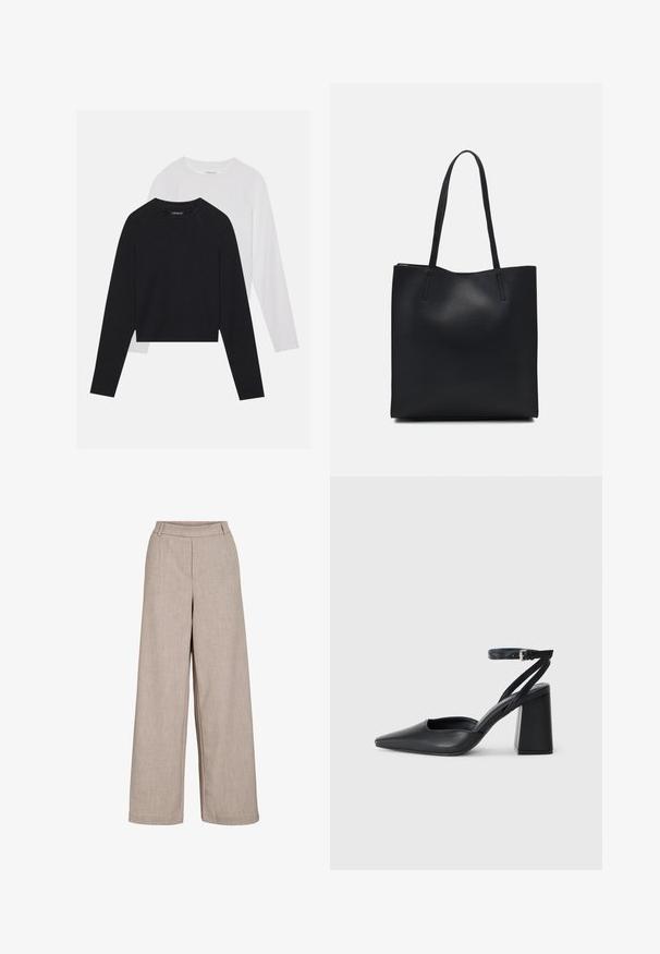 To lange ermerte skjorter: en svart og en hvit. Begge har rund hals, raglanermer og er laget av en myk bomullsblanding.; Beige vide bukser laget av lett stoff. Har en jevn tekstur, en tettsittende midje og sidelommer for funksjonell detalj.; Svart lær pumps med spiss tå, ankelrem og kraftig hæl. Flat tekstur, strømlinjeformet design og minimalisme.; Svart lær tote bag med glatt tekstur, rektangulær form og to lange håndtak. Ingen synlige deler eller dekorasjoner.