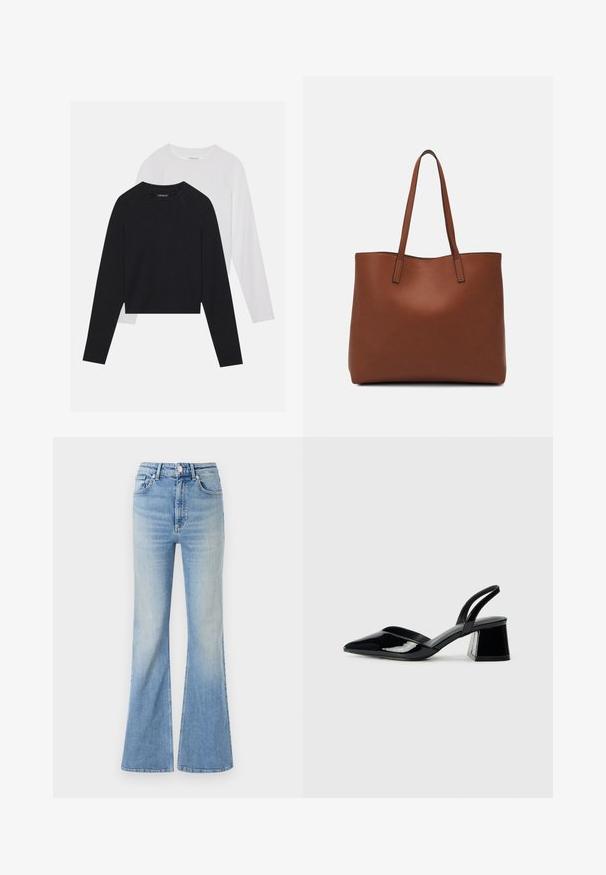 Duas camisas de manga longa: uma preta e uma branca. Ambas apresentam um decote redondo, mangas raglan e um tecido macio em mistura de algodão.; Calças de ganga largas de cor azul claro, com uma cintura alta, design de cinco bolsos e um ligeiro desvanecimento em gradação em direção à bainha.; Sandy em verniz preto com salto slingback, ponta afilada e salto geométrico. Apresenta um design elegante e minimalista com textura suave.; Bolsa tote de couro castanho com uma textura suave, design de abertura superior e duas alças para o ombro. Apresenta costura mínima e sem hardware visível.