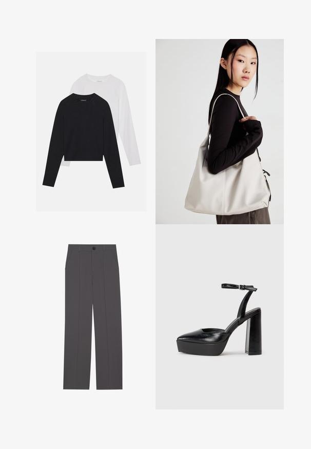 Two long-sleeved shirts: one black and one white. Both feature a crew neck, raglan sleeves, and a soft cotton blend fabric.; Grey trousers with a straight leg design, featuring two side pockets and a button closure. Smooth fabric with no visible patterns or accents.; Black platform heels with a pointed toe and adjustable ankle strap. Constructed from smooth leather, featuring a chunky block heel.; Beige handbag made of soft material, featuring a slouchy design, stitched detailing, and two shoulder straps. Suitable for everyday use.