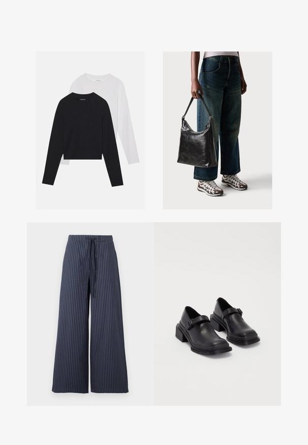 Due camicie a maniche lunghe: una nera e una bianca. Entrambe presentano un col a girocollo, maniche raglan e un morbido tessuto in misto cotone.; Pantaloni a gamba larga di colore blu navy con righe verticali bianche. Realizzati in un tessuto leggero, presentano una vita con cordoncino e una superficie liscia.; Scarpe in pelle nera con punta arrotondata, suola piatta e una cintura con dettaglio fibbia. Tacco a blocco spesso per una maggiore stabilità.; Borsa a tracolla nera in pelle con una texture liscia e tracolla regolabile, abbinata a jeans ampi sbiaditi e sneakers sportive.