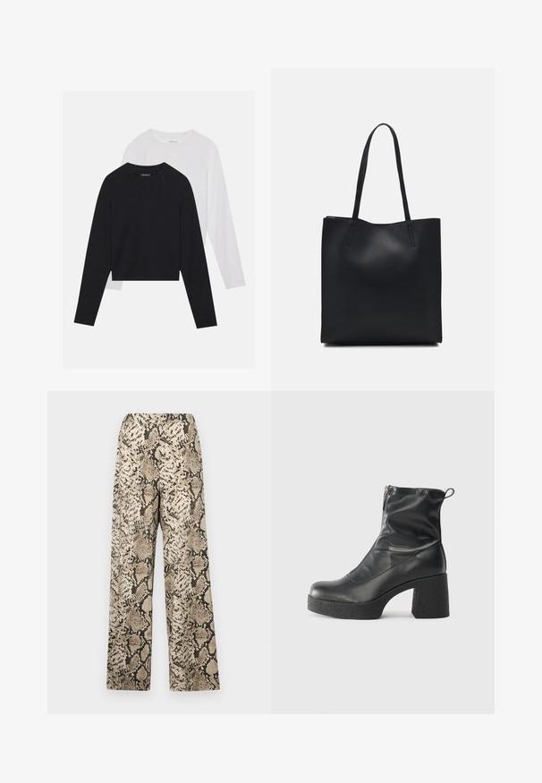 Due camicie a maniche lunghe: una nera e una bianca. Entrambe presentano un col a girocollo, maniche raglan e un morbido tessuto in misto cotone.; Pantaloni a gamba larga con un motivo a pelle di serpente beige e nero. Il materiale è liscio e ha una texture leggera. Fascia in vita elasticizzata.; Stivali neri alla caviglia in pelle liscia, con zip laterale, tacco spesso e texture, e punta arrotondata.; Borsa tote in pelle nera con texture liscia, forma rettangolare e due manici lunghi. Nessun hardware o decorazione visibile.
