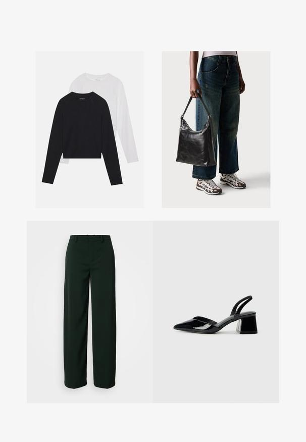 To lange ermerte skjorter: en svart og en hvit. Begge har rund hals, raglanermer og er laget av en myk bomullsblanding.; DRYKORN DESK - Bukse - green; Svarte patentlær slingback hæler med spiss tå og geometrisk blokk hæl. Har et stilrent, minimalistisk design og jevn tekstur.; Sort skinnveske med en glatt tekstur og justerbar stropp, kombinert med falmede vide jeans og atletiske sneakers.