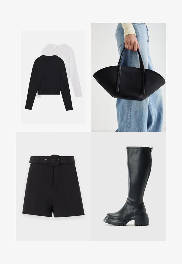 Divas garām piedurknēm krekli: viens melns un viens balts. Abiem ir apaļa izgriezne, raglanu piedurknes un mīksta kokvilnas maisījuma audums.; Melni šorti no gludas auduma ar plašu vidukļa joslu, kuriem ir jostas cilpas un kvadrāta sprādze, veidoti ar pielāgotu piegriezumu.; Augstas melnas ādas zābakus ar masīvu platformu un bloka papēdi, ar vilkšanas cilpu un strukturētu profilu uz ārējā zoles.; Melnas ādas rokassoma ar unikālu ventilatora formu, aprīkota ar plakaniem rokturiem. Virsma ir ar graudainu faktūru un minimālistisku dizainu.