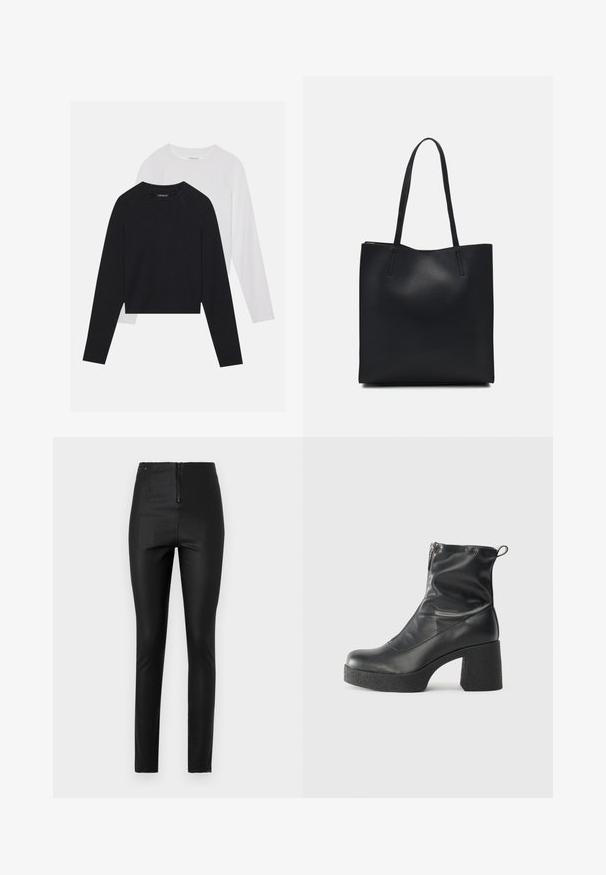 Deux chemises à manches longues : une noire et une blanche. Les deux présentent un col rond, des manches raglan et un tissu doux en mélange de coton.; Pantalons ajustés noirs en matériau élégant, dotés d'une fermeture éclair à l'avant et d'un design taille haute avec un détail minimaliste.; Bottes noires à la cheville en cuir lisse, dotées d'une fermeture éclair sur le côté, d'un talon épais texturé et d'une conception à bout rond.; Sac fourre-tout en cuir noir avec une texture lisse, de forme rectangulaire et deux longues poignées. Pas de matériel ou d'ornementations visibles.