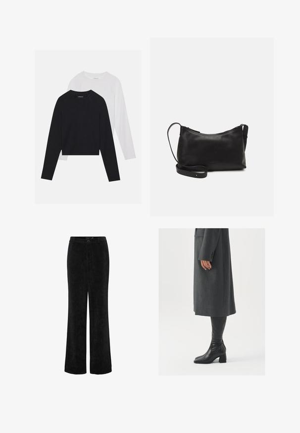 Két hosszúujjú póló: az egyik fekete, a másik fehér. Mindkettő kerek nyakú, raglán ujjal és puha pamutkeverék anyaggal készült.; Fekete kordbársony, széles szárú nadrág, texturált felülettel, gombos záródással és övhurkokkal. Klasszikus egyenes fazon, oldalsó zsebekkel.; Szürke, szabott overál, egyenes vonallal; térd fölé érő fekete bőrcsizmákkal párosítva, négyzetes orral és vastag sarokkal.; Fekete bőr válltáska sima felülettel, ívelt formával, állítható pánttal és cipzáras záródással. Minimalista dizájn díszítmények nélkül.