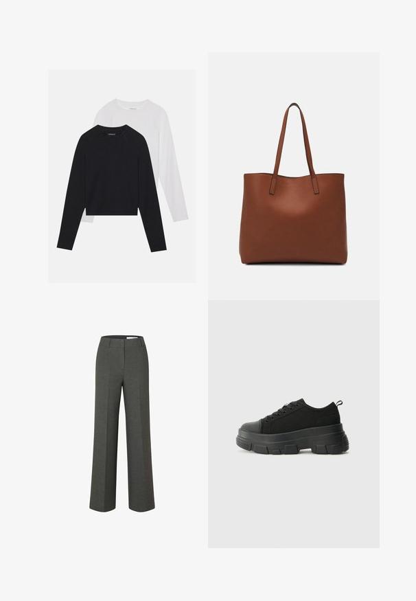 Dos camisetas de manga larga: una negra y una blanca. Ambas cuentan con un cuello redondo, mangas raglán y una suave mezcla de algodón.; Pantalones de pierna ancha en tela gris medio, con frente plano, corte recto y líneas limpias. Sin bolsillos visibles ni detalles de hardware.; Zapatillas negras con suela de goma gruesa, parte superior de tela texturizada, punta redonda y diseño con cordones. Presenta ojales reforzados y tirador en la parte trasera.; Bolso tote de cuero marrón con una textura suave, diseño de apertura superior y dos correas para el hombro. Presenta una costura mínima y sin herrajes visibles.