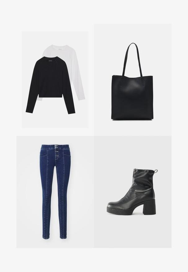 Kaks pikade varrukatega särki: üks must ja teine valge. Mõlemal on ümar kaelus, raglanvarrukad ja pehme puuvillasegu kangas.; Tumed sinised teksad, millel on kõrge vöökoht, viie nupuga sulgemine, kaks eesmist taskut ja slim fit disain. Sile tekstuur.; Mustad mustad ansapüksid, mis on valmistatud siledast nahast, külje zipperiga, paksu tekstuuriga kontsaga ja ümmarguse nina disainiga.; Mustast nahast kott sujuva tekstuuriga, ristkülikukujuline ja kahe pika sangaga. Pole nähtavat riistvara ega kaunistusi.