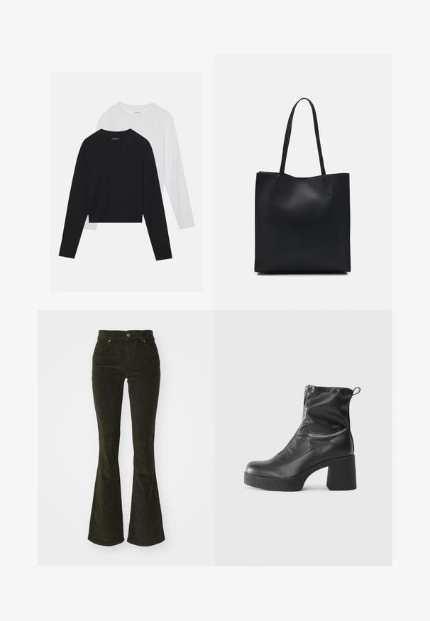 Duas camisas de manga longa: uma preta e uma branca. Ambas apresentam um decote redondo, mangas raglan e um tecido macio em mistura de algodão.; Calças de veludo cotelê com corte evasê em verde escuro. Apresenta bolsos frontais, fecho de botão e um tecido macio e texturado com padrão estriado.; Botas de tornozelo pretas feitas de couro liso, com fecho lateral, salto grosso texturizado e design de bico arredondado.; Bolsa tote preta em couro com textura lisa, forma retangular e duas alças longas. Sem hardware ou enfeites visíveis.