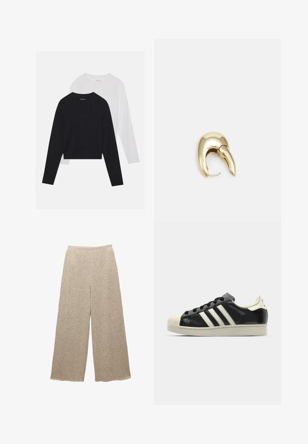 Dve dolge majice z dolgimi rokavi: ena črna in ena bela. Obe imata okroglo ovratnico, raglan rokave in mehko mešanico bombaža.; Bež hlače širokega kroja iz teksturirane tkanine z rahlim vzorcem. Imajo sproščen pas in ohlapen kroj, kar zagotavlja udobje in svobodo gibanja.; Črne usnjene superge z belimi črtami, gumijastim pokrovom za prste, črnimi vezalkami in kremasto obrobo podplata. Gladka tekstura z sijočim zaključkom.; Uhane nakit iz zlatastega tona z gladko, ukrivljeno zasnovo. Ima edinstveno koničasto obliko, polirano površino in zaponko s tečajem.