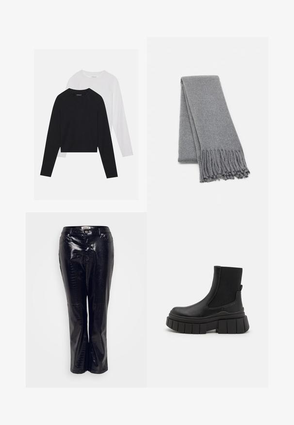 Duas camisas de manga longa: uma preta e uma branca. Ambas apresentam um decote redondo, mangas raglan e um tecido macio em mistura de algodão.; Calças em sintético preto com textura de crocodilo, apresentando um design de perna reta e fecho frontal com botão.; Botas pretas até ao tornozelo, feitas de couro liso, com painéis laterais elásticos, uma sola de plataforma robusta e um design de piso texturizado.; Cachecol cinza de lã com uma textura suave, apresentando bordas com franjas e um design simples. Dobrada de forma organizada, destacando sua forma alongada.