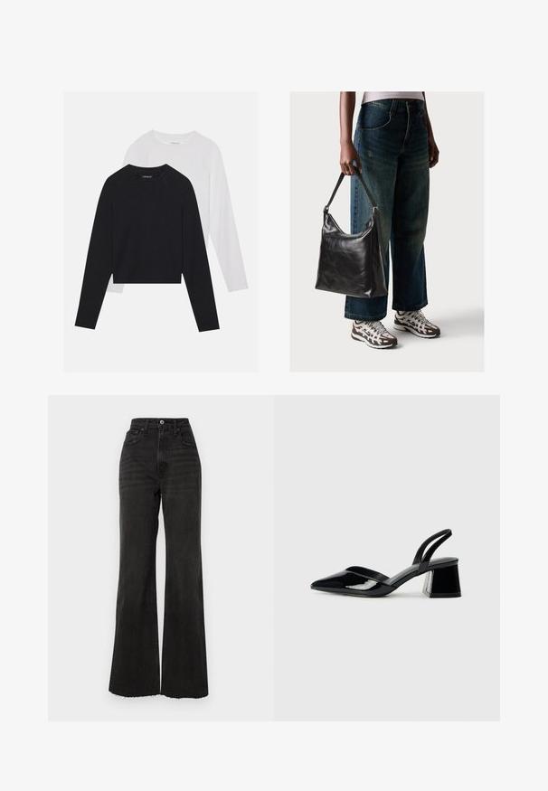 Kaks pikade varrukatega särki: üks must ja teine valge. Mõlemal on ümar kaelus, raglanvarrukad ja pehme puuvillasegu kangas.; Korkealtoonilised mustad laiad teksad, mis on valmistatud denimist. Omab esistange kinnitust, viit taskut ning toorik ääri jalgades.; Mustad musta lakknahk kingad, millel on terav varvas ja geomeetriline plokkkonts. Omab elegantselt minimalistlikku disaini ja sujuvat tekstuuri.; Must musta õlakott, millel on sile tekstuur ja reguleeritav rihm, koos pleekinud laia jalgadega teksade ja sportlike tossudega.