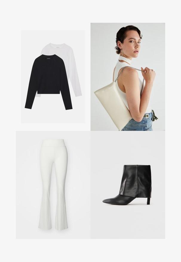 Two long-sleeved shirts: one black and one white. Both feature a crew neck, raglan sleeves, and a soft cotton blend fabric.; White flared pants with a high waistband, made of a smooth, stretchy material. Features a fitted silhouette that flares out at the lower leg.; Black leather mid-calf boot with pointed toe, folded upper shaft, and slender low heel standing on white background.; White rectangular clutch bag made of glossy material, featuring a silver chain strap. Model poses, showcasing the bag against a plain background.