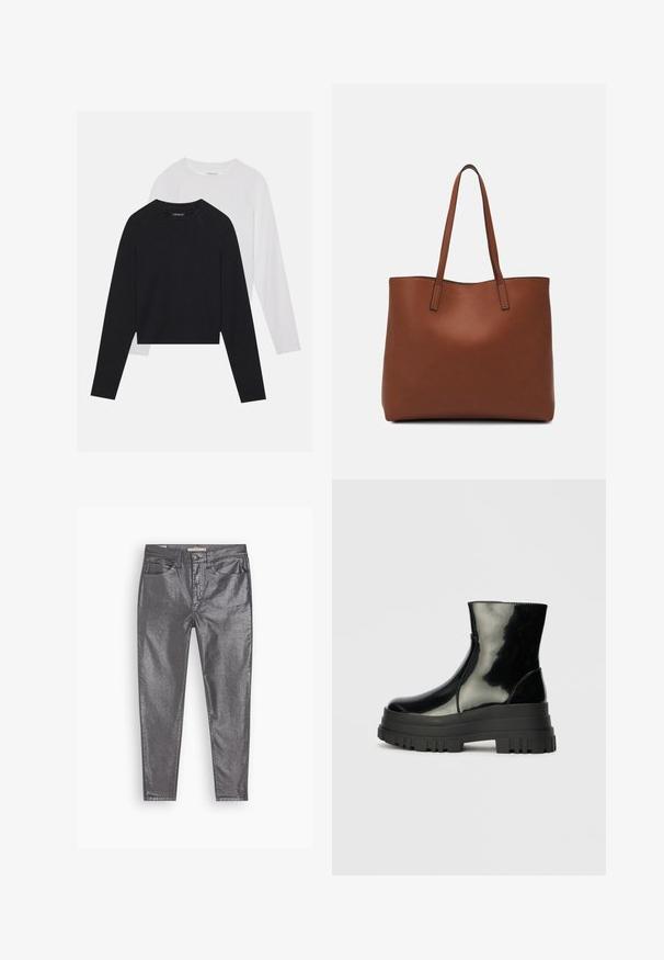 Divas garām piedurknēm krekli: viens melns un viens balts. Abiem ir apaļa izgriezne, raglanu piedurknes un mīksta kokvilnas maisījuma audums.; Metāliski pelēki džinsi ar šauru piegriezumu, piecu kabatu dizainu un vieglu spīdumu. Izgatavoti no džinsu auduma līdzīga materiāla, ar pogu un rāvējslēdzēju aizdari.; Melnas spīdīgas potītes zābaki ar biezu zoli un noapaļotu purngalu, sānu skats uz vienkārša gaiši pelēka fona.; Brūna ādas iepirkumu soma ar gludu tekstūru, atvērta augšdaļa un divas plecu siksnas. Izceļas ar minimālām šuvēm un redzamu aparatūru nav.