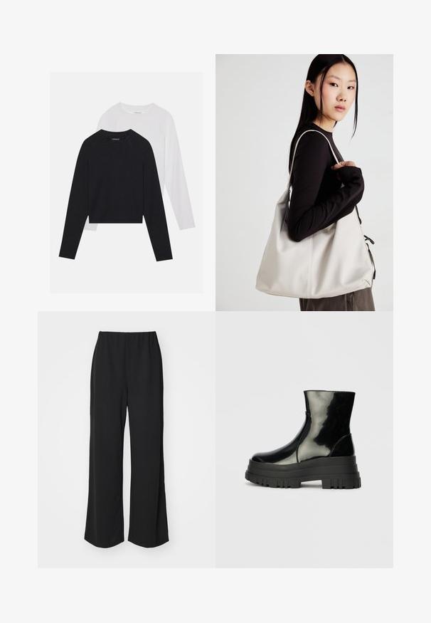 Két hosszúujjú póló: az egyik fekete, a másik fehér. Mindkettő kerek nyakú, raglán ujjal és puha pamutkeverék anyaggal készült.; Fekete, bő szárú nadrág, elasztikus derékkal, sima anyagból készült, egyszerű, díszítetlen kialakítással.; Fekete fényes boka csizma vastag bordázott talppal és kerek orral, oldalnézet világos szürke háttér előtt.; Puha anyagból készült bézs kézitáska, laza dizájnnal, varrott részletekkel és két vállpánttal. Mindennapi használatra alkalmas.