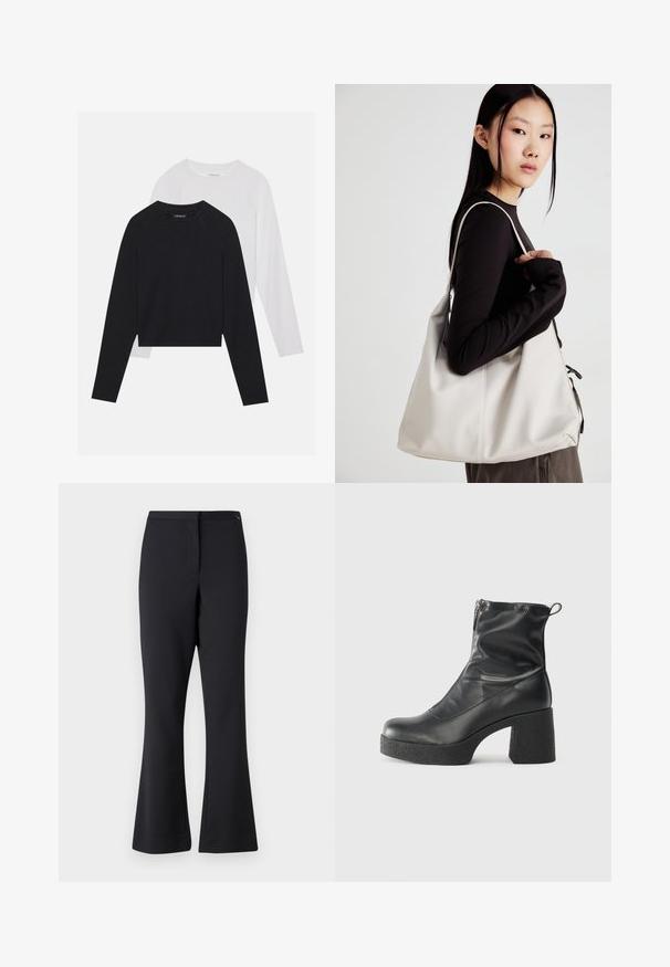 Two long-sleeved shirts: one black and one white. Both feature a crew neck, raglan sleeves, and a soft cotton blend fabric.; Black flared trousers made of cotton blend fabric, featuring a smooth texture, waistband, and tailored front seam details.; Black ankle boots made of smooth leather, featuring a side zipper, chunky textured heel, and rounded toe design.; Beige handbag made of soft material, featuring a slouchy design, stitched detailing, and two shoulder straps. Suitable for everyday use.