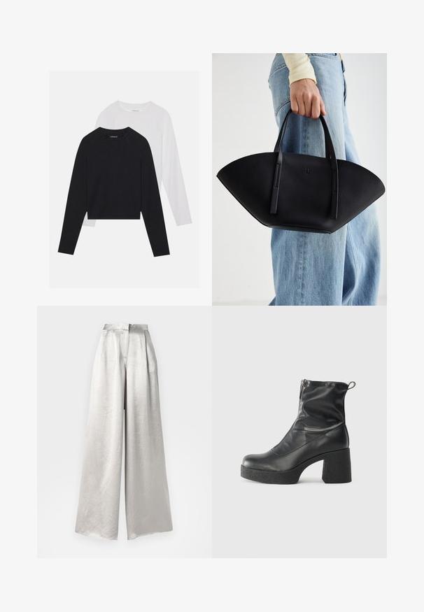 Δύο μακρυμάνικες μπλούζες: μία μαύρη και μία λευκή. Και οι δύο διαθέτουν στρογγυλή λαιμόκοψη, ράγκελαν μανίκια και απαλή σύνθεση από βαμβάκι.; Ασημένιο παντελόνι με φαρδιά πόδια φτιαγμένο από υφασμάτινη πτυχωτή υφή, παρουσία υψηλής μέσης και κλεισίματος με φερμουάρ στο πίσω μέρος.; Μαύρες μποτές μέχρι τον αστράγαλο από λείο δέρμα, με πλευρικό φερμουάρ, χοντρό υφασμάτινο τακούνι και στρογγυλή μύτη.; Μαύρη δερμάτινη τσάντα χειρός με μοναδικό σχήμα φτερού, διαθέτει επίπεδους χειροφύλακες. Η επιφάνεια έχει υφή ογκωτού βράχου και μινιμαλιστικό σχέδιο.