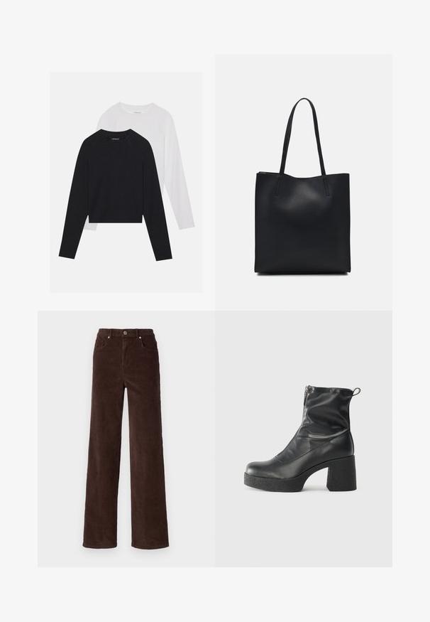 To lange ermerte skjorter: en svart og en hvit. Begge har rund hals, raglanermer og er laget av en myk bomullsblanding.; Vero Moda VMTESSA WIDE PANTS - Bukse - chocolate torte; Svarte ankelstøvler laget av glatt lær, med glidelås på siden, chunky strukturert hæl, og rund tå-design.; Svart lær tote bag med glatt tekstur, rektangulær form og to lange håndtak. Ingen synlige deler eller dekorasjoner.