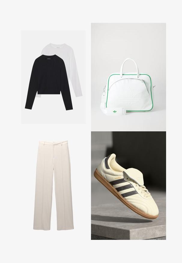 Două cămăși cu mâneci lungi: una neagră și una albă. Ambele au guler rotund, mâneci raglan și sunt realizate dintr-un amestec moale de bumbac.; Pantaloni largi din țesătură bej deschis, cu o textură netedă. Prezintă un talie ajustată, pliseuri frontale și fără buzunare vizibile.; Sneakers din piele crem cu trei dungi întunecate, o talpă din cauciuc de culoare maronie și un vârf rotunjit. Dispune de o limbă pliabilă etichetată "SAMBA."; Geantă din piele albă cu detalii verzi, având un logo embosat proeminent, mânere duale, o curea detașabilă și un buzunar cu fermoar în față.