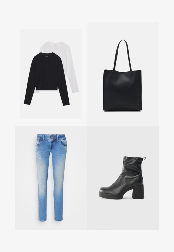 Dvije majice dugih rukava: jedna crna i jedna bijela. Obje imaju okrugli izrez, raglan rukave i mekani pamuk korišten za izradu.; Plave traperice slim kroja, s blagim izblijedjenjem, dva prednja džepa i manjim oštećenjima u blizini koljena.; Crne gležnjače od glatke kože, s bočnim zatvaračem, debelim teksturiranim potplatom i dizajnom s zaobljenim prstima.; Crna kožna torba za nošenje s glatkom teksturom, pravokutnim oblikom i dvije duge ručke. Nema vidljivih metalnih dijelova ili ukrasa.