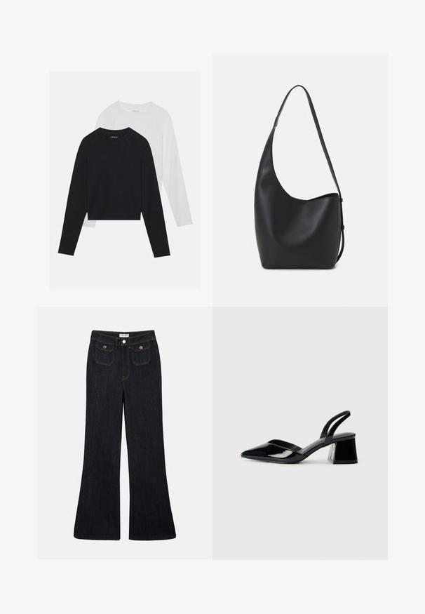 To lange ermerte skjorter: en svart og en hvit. Begge har rund hals, raglanermer og er laget av en myk bomullsblanding.; Utsvingte mørke denimbukser med høy midje, to frontlommer og oransje søm. Materialet ser robust og glatt ut.; Svarte patentlær slingback hæler med spiss tå og geometrisk blokk hæl. Har et stilrent, minimalistisk design og jevn tekstur.; Svart lær hobo-veske med glatt tekstur, buet form og enkelt justerbart stropp; har en bred åpning på toppen.