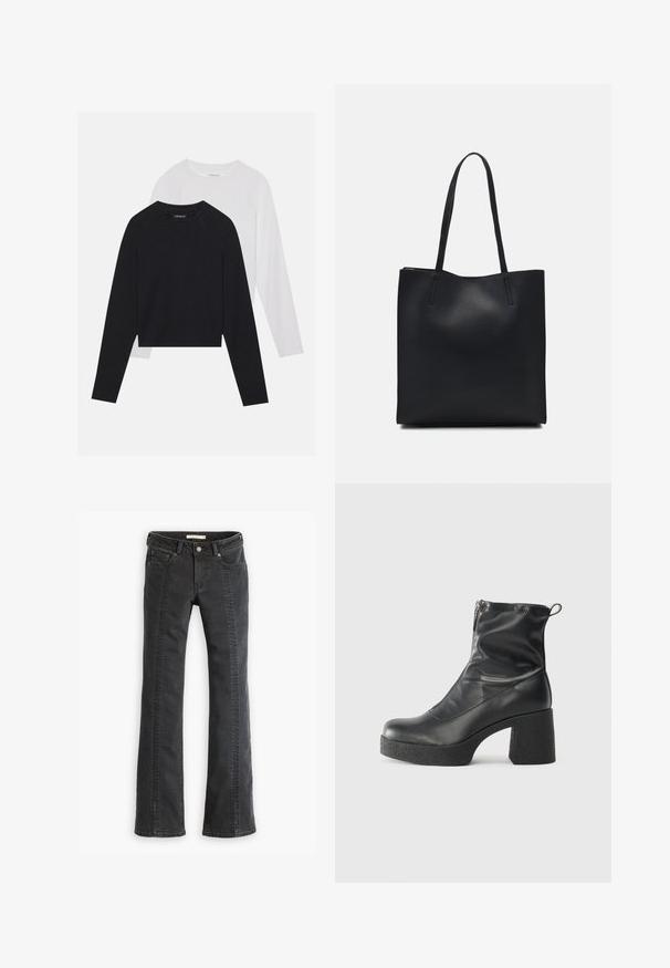 Zwei langärmelige Hemden: eines schwarz und eines weiß. Beide haben einen Rundhals, Raglanärmel und bestehen aus einem weichen Baumwollmischgewebe.; Schwarze Denim-Jeans mit Schlag, fünf Taschen, Gürtelschlaufen und kontrastierendem Nähen entlang der vorderen Nähte. Weicher Stoff und normale Taille.; Schwarze Stiefeletten aus glattem Leder mit seitlichem Reißverschluss, klobigem strukturiertem Absatz und runder Zehenform.; Schwarze Laptoptasche aus Leder mit glatter Textur, rechteckiger Form und zwei langen Griffen. Keine sichtbaren Beschläge oder Verzierungen.
