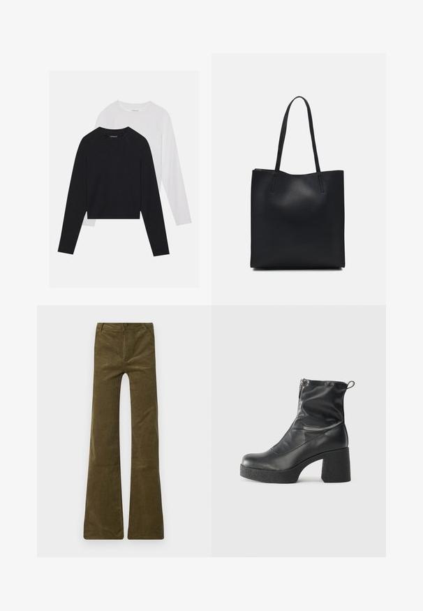 Dvije majice dugih rukava: jedna crna i jedna bijela. Obje imaju okrugli izrez, raglan rukave i mekani pamuk korišten za izradu.; Maslinasto zelene ženske мышцы sa malim šiljastim krajevima, sa kopčanjem na dugme i zatvaračem. Ima prednje džepove i mekan, teksturiran površinu.; Crne gležnjače od glatke kože, s bočnim zatvaračem, debelim teksturiranim potplatom i dizajnom s zaobljenim prstima.; Crna kožna torba za nošenje s glatkom teksturom, pravokutnim oblikom i dvije duge ručke. Nema vidljivih metalnih dijelova ili ukrasa.