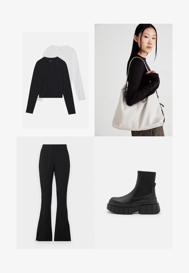 Dvě dlouhé rukávy: jedno černé a jedno bílé. Obě mají kulatý výstřih, raglánové rukávy a měkkou bavlněnou směs.; Černé rozšířené kalhoty vyrobené z hladkého, elastického materiálu. Obsahují boční rozparky na lemu pro dodatečný detail. Klasický design a univerzální střih.; Černé kotníkové boty vyrobené z hladké kůže s elastickými bočními panely, masivní platformou a strukturovaným vzorem na podrážce.; Beige kabelka vyrobená z měkkého materiálu, s volným designem, prošívanými detaily a dvěma ramenními popruhy. Vhodná pro každodenní použití.