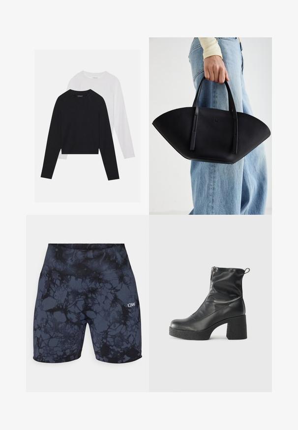 Du dušo ilgomis rankovėmis marškiniai: vieni juodi, kiti balti. Abu marškiniai turi apvalų iškirpimą, raglan tipo rankoves ir minkštą medvilnės mišinio audinį.; Juodos ir tamsiai pilkos aukšto liemens sportinės šortai su marmuro raštu. Pagaminti iš elastingos, glotnios medžiagos, ant kurios yra nedidelis logotipas.; Juodos kulkšninių botai, pagaminti iš lygaus odos, su šoniniu užtrauktuku, masyviu tekstūruotu kulnu ir apvaliu pirštu.; Juodas odinis rankinis uždangalas unikaliu ventiliatoriaus formos dizainu, turintis plokščias rankenas. Paviršius turi akmeninė tekstūrą ir minimalistišką dizainą.