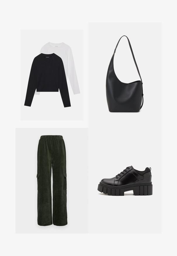 Divas garām piedurknēm krekli: viens melns un viens balts. Abiem ir apaļa izgriezne, raglanu piedurknes un mīksta kokvilnas maisījuma audums.; Tumši zaļi kordūras bikses ar brīvu piegriezienu, ar divām sānu kabatām un ērtu elastīgu jostasvietu. Strukturēta auduma.; Melnas ādas platformas kurpes ar masīvu bloku papēdi, apaļu purngalu un tradicionālu saistīšanas dizainu. Izceļas ar gludu tekstūru un minimālu apdari.; Melnas ādas hobo soma ar gludu tekstūru, izliekta forma un vienu regulējamu jostu; augšā ir plaša atvere.