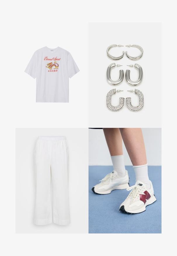 Balta īsām piedurknēm T-krekls ar sarkanu un dzeltenu pūķa grafiku un tekstu "Mūžīgā garu". Izgatavots no viegla auduma. Brīva piegriezuma.; Baltas, platmalu bikses, izgatavotas no viegla materiāla. Tām ir elastīga josta un sānu kabatas, ar gludu, matētu tekstūru.; Balti sporta apavi ar tumši sarkaniem akcentiem, teksturētām detaļām, plakanu melnu zoli un gaišajām šņorēm, valkāti ar baltām potīšu zeķēm.; Četras sudraba auss gredzeni: divi spīdīgi gludi riņķi, viens ar struktūru, un viens, kas pārklāts ar maziem caurspīdīgiem rhinestones.