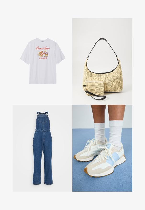 T-shirt bianco a maniche corte con grafica di drago rosso e giallo e testo "Eternal Spirit". Realizzato in tessuto leggero. Vestibilità rilassata.; Salopette in denim con spalline regolabili, tasca frontale e dettagli con bottoni laterali. Colore blu scuro e design a gamba dritta con una texture sbiadita.; Sneakers leggeri con un design beige e azzurro chiaro. Presentano materiali in suede e mesh, lacci bianchi e suola in gomma testurizzata.; Borsa in paglia intrecciata con silhouette curva, dotata di una tracolla in pelle nera liscia e di una piccola pochette abbinata, attaccata da un cinturino da polso.