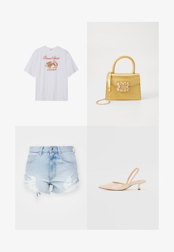 Bijela majica kratkih rukava s grafikom zmaja u crvenoj i žutoj boji i tekstom "Vječni Duh". Izrađena od lagane tkanine. Opusten kroj.; Lee RIDER - Kratke hlače od trapera - bubbled over; Bež sandale od lakirane kože s uskim vrhom i tankim, kvadratnim potpeticom. Glatka tekstura i minimalistički dizajn bez ukrasnih detalja.; Žuta torbica od umjetnog krokodila sa strukturiranim dizajnom, gornjom ručkom, odvojivim lančićem i dekorativnim kristalnim ukrasom na kopči.