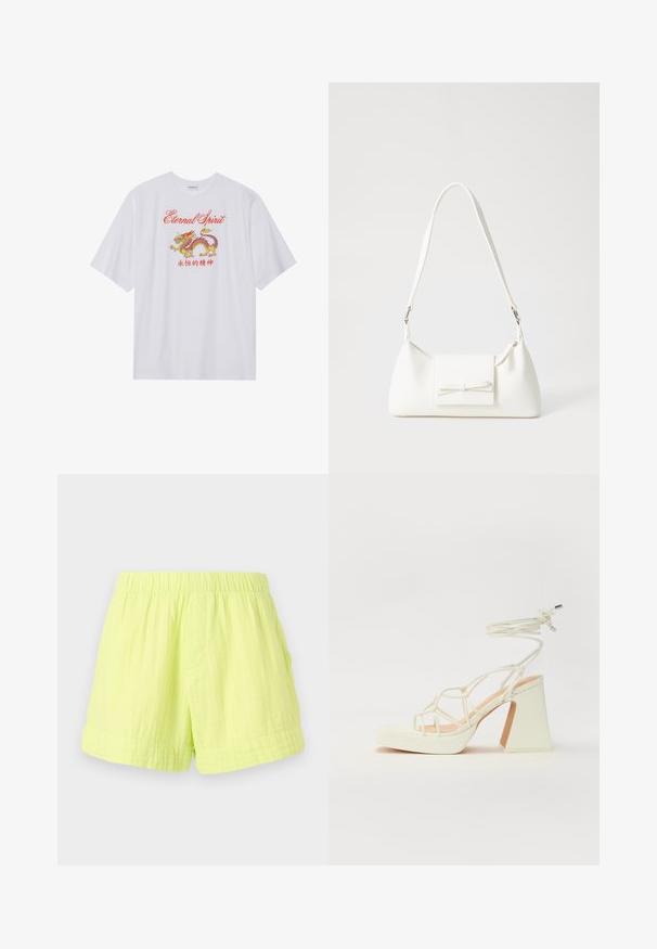 Balta trumpa rankovėmis marškinėliai su raudonu ir geltonu drakono grafiniu piešiniu ir užrašu "Amžinas Dvasia". Pagaminti iš lengvos medžiagos. Laisvas kirpimas.; Žaliai citrininiai šortai, pagaminti iš lengvos, tekstūruotos medžiagos, su elastinga juosmens juosta ir vienu šoniniu kišeniu. Nėra matomų užsegimų.; Balti aukštakulniai sandalai su masyviu kulnu, su dirželių dizainu ir kulkšnies raiščiu. Lygi tekstūra su platforma priekyje, suteikianti papildomą aukštį.; Balta sintetinė rankinė trikampio formos, plokščiu priekiu su užsegimu, kaspino detale, reguliuojama dirželiu, lygia tekstūra ir minimalistišku dizainu.