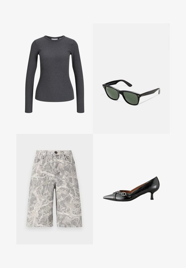 Dugih rukava, rebrasti gornji dio u tamnosivoj boji. Karakterizira ga okrugli izrez i prilagođen silueta. Izrađeno od rastezljivog materijala za udobnost.; Traper šorts s kamuflažnim uzorkom u nijansama sive i bež, s klasičnim dizajnom od pet džepova i metalnim kopčanjem.; Crne kožne cipele s visokom petom i špičastim vrhom, zakrivljene pete i dekorativnom kopčom. Imaju glatku teksturu i kontrastnu traku s metalnim naglaskom.; Crne plastične sunčane naočale s zelenim staklima, kvadratni okviri, srebrni naglasak na obrvi i teksturirane ručke. Naziv brenda naveden na unutrašnjoj strani ručke.; Prozirni smeđi resin narukvica s glatkom, zaobljenom površinom i suptilnim mramoriranjem; ima malu oznaku brenda na unutrašnjosti.